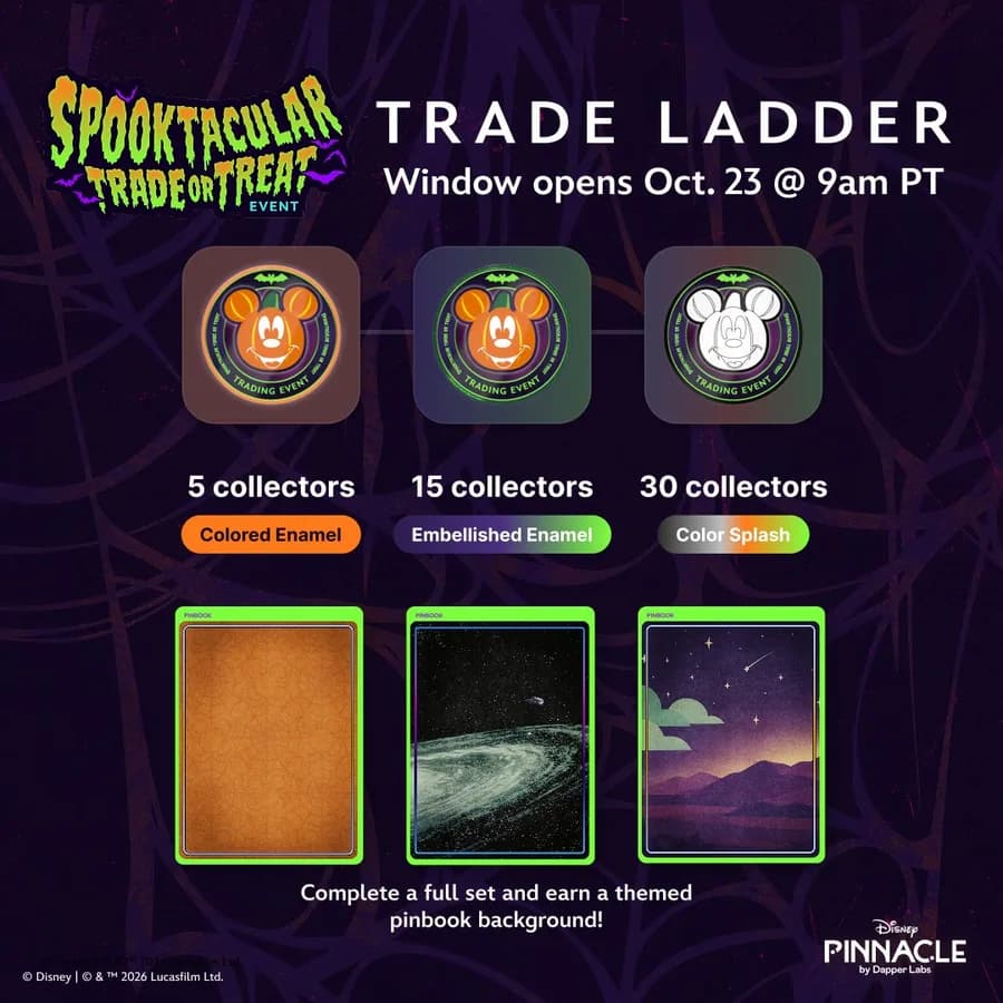 Spooktacular Trade or Treat trade ladder: 5, 15, and 30 collectors — official Disney Pinnacle art