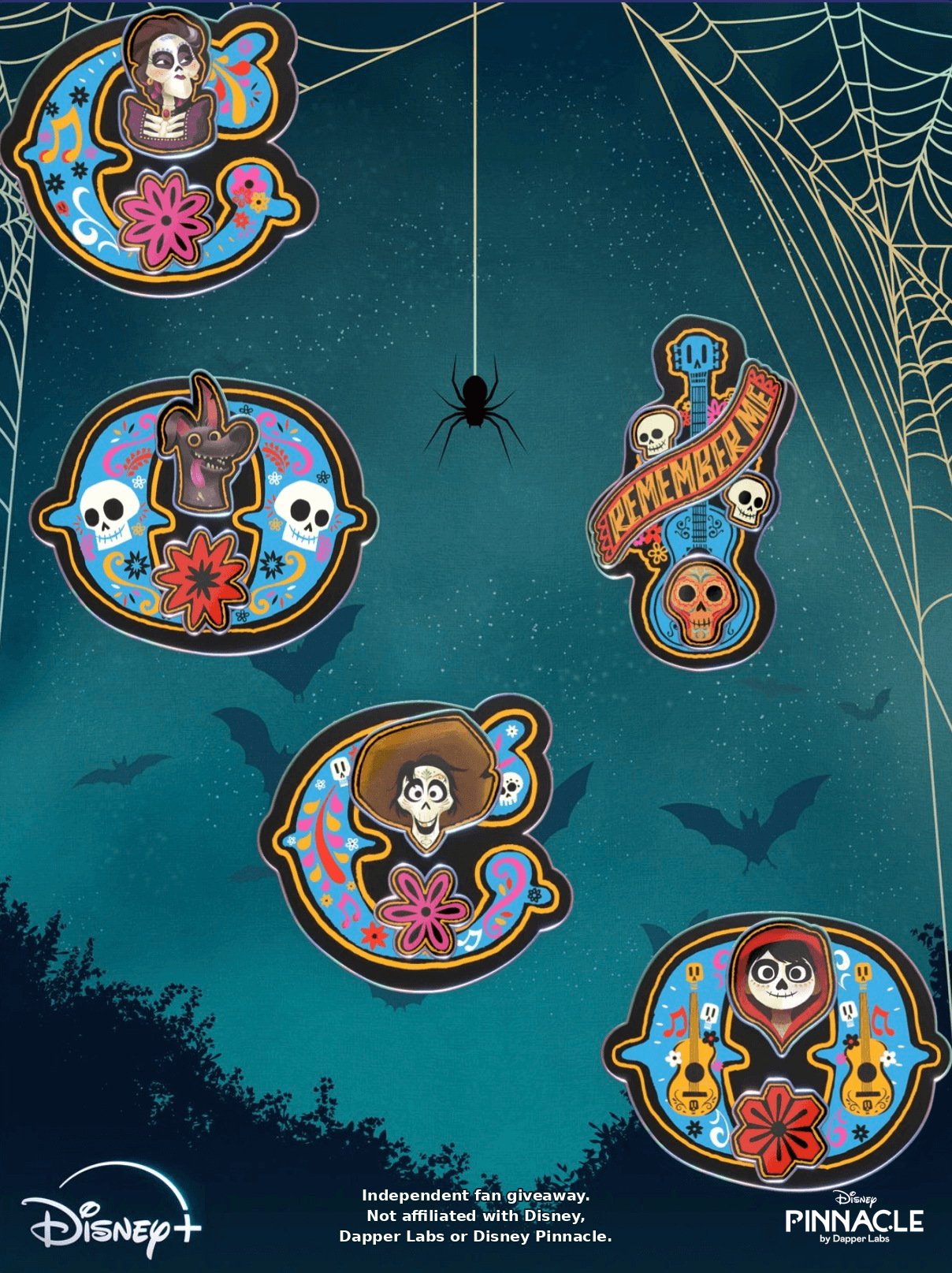 Halloween giveaway art: the five Disney Pinnacle Coco Vol.1 digital pins