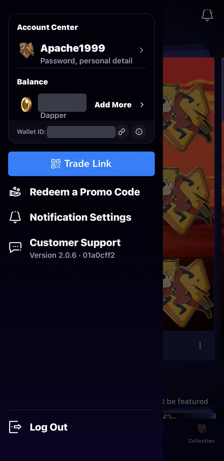 The Disney Pinnacle app's ☰ menu. Account Center at the top shows the username Apache1999, with the Dapper balance and Wallet ID below it (both redacted), then Trade Link, Redeem a Promo Code, Notification Settings, Customer Support and Log Out.