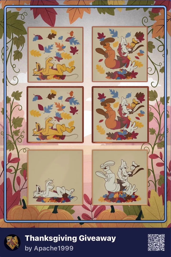 The six prize pins: three variants each of the Thanksgiving Pluto and Goofy pins, in Apache1999’s Thanksgiving Giveaway pinbook